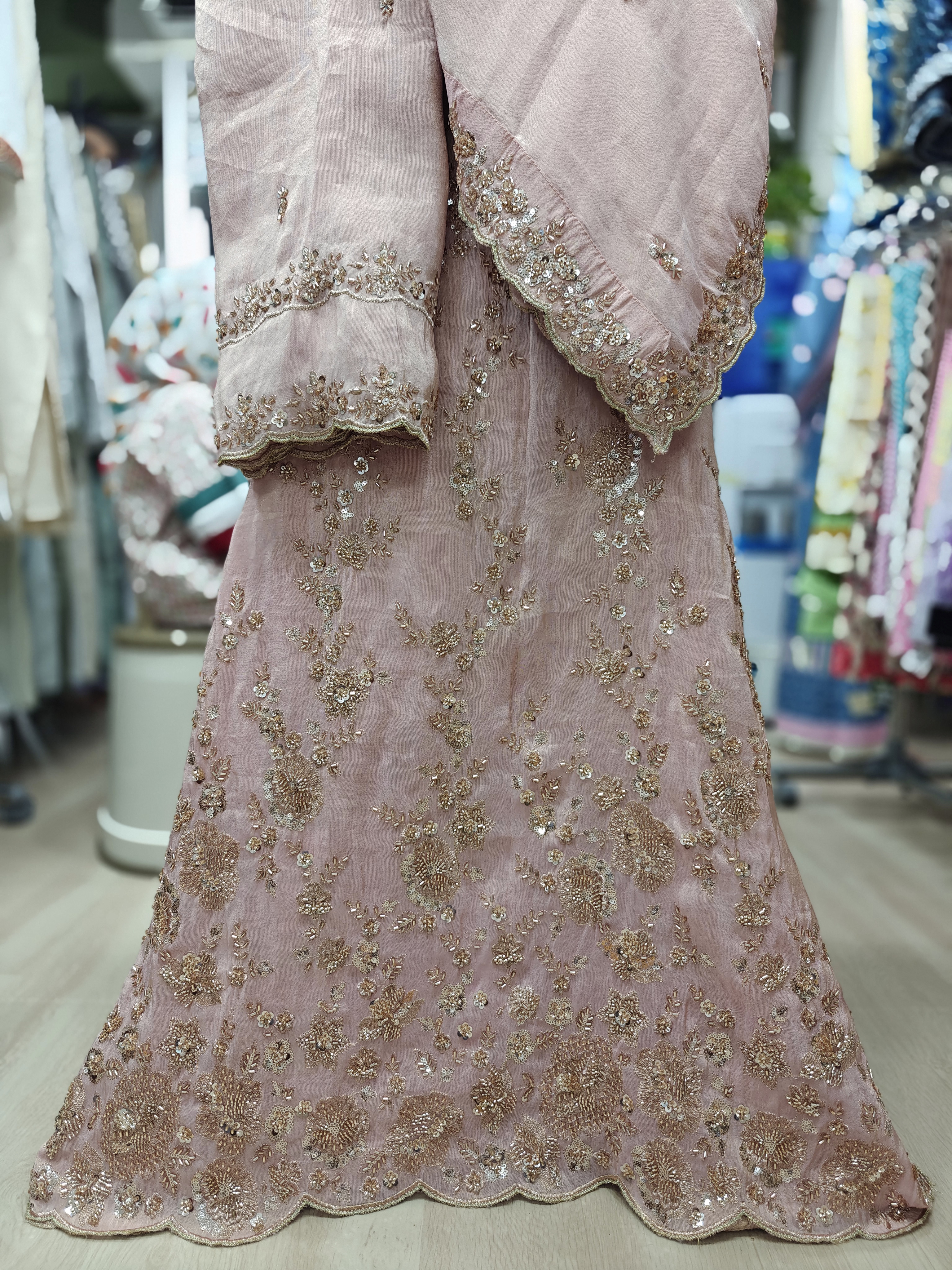 Rs 12500 Bridal RCJ Rida cum Jori, Base Fabric Blush Pink Jari Tissue with beadwork and delicate floral vine scalloped Handwork ghagra dupatta and pardi with buttis and Handwork scalloped border, lining 4mtrs and blouse piece included Rs 12500 Bridal RCJ Rida cum Jori, Base Fabric Blush Pink Jari Tissue with beadwork and delicate floral vine scalloped Handwork ghagra dupatta and pardi with buttis and Handwork scalloped border, lining 4mtrs and blouse piece included